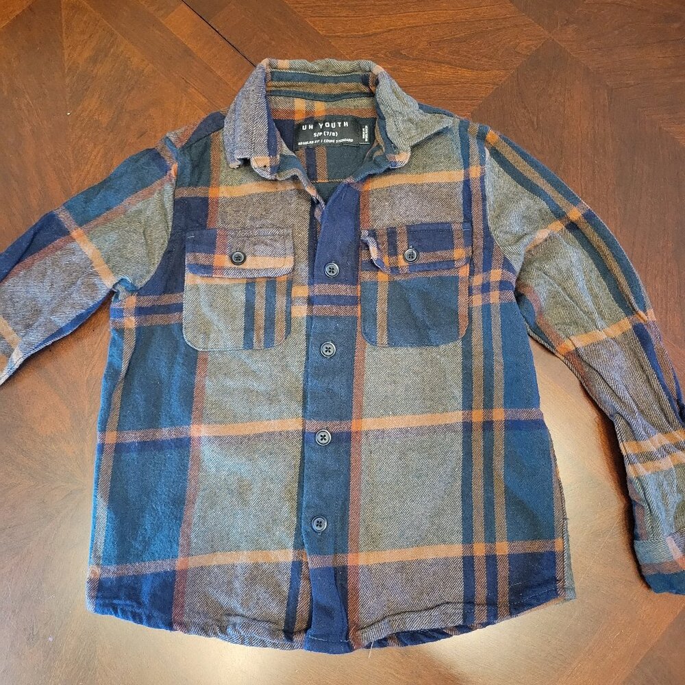 UH Youth Boys Flannel Plaid Shirt Size S/P (7/8) — 100% Cotton — Blue Green Oran
